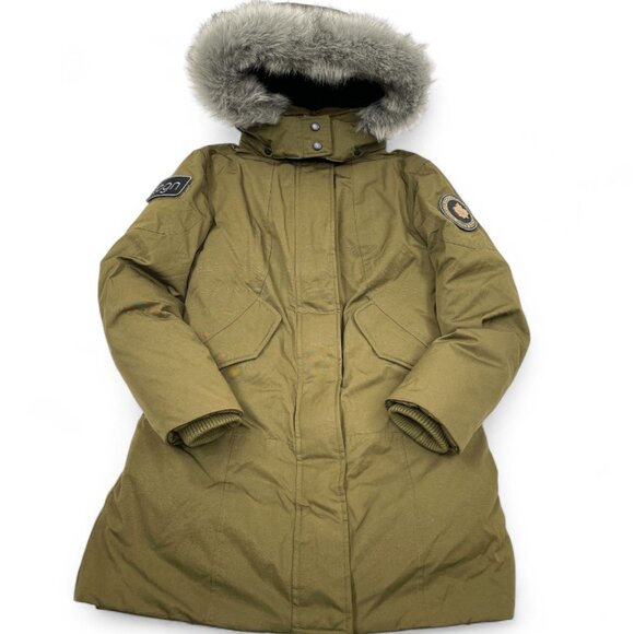 Toboggan Down Olive Green Removable Hood Fur Parka Puffer Coat Jacket Women's XS - Picture 1 of 12